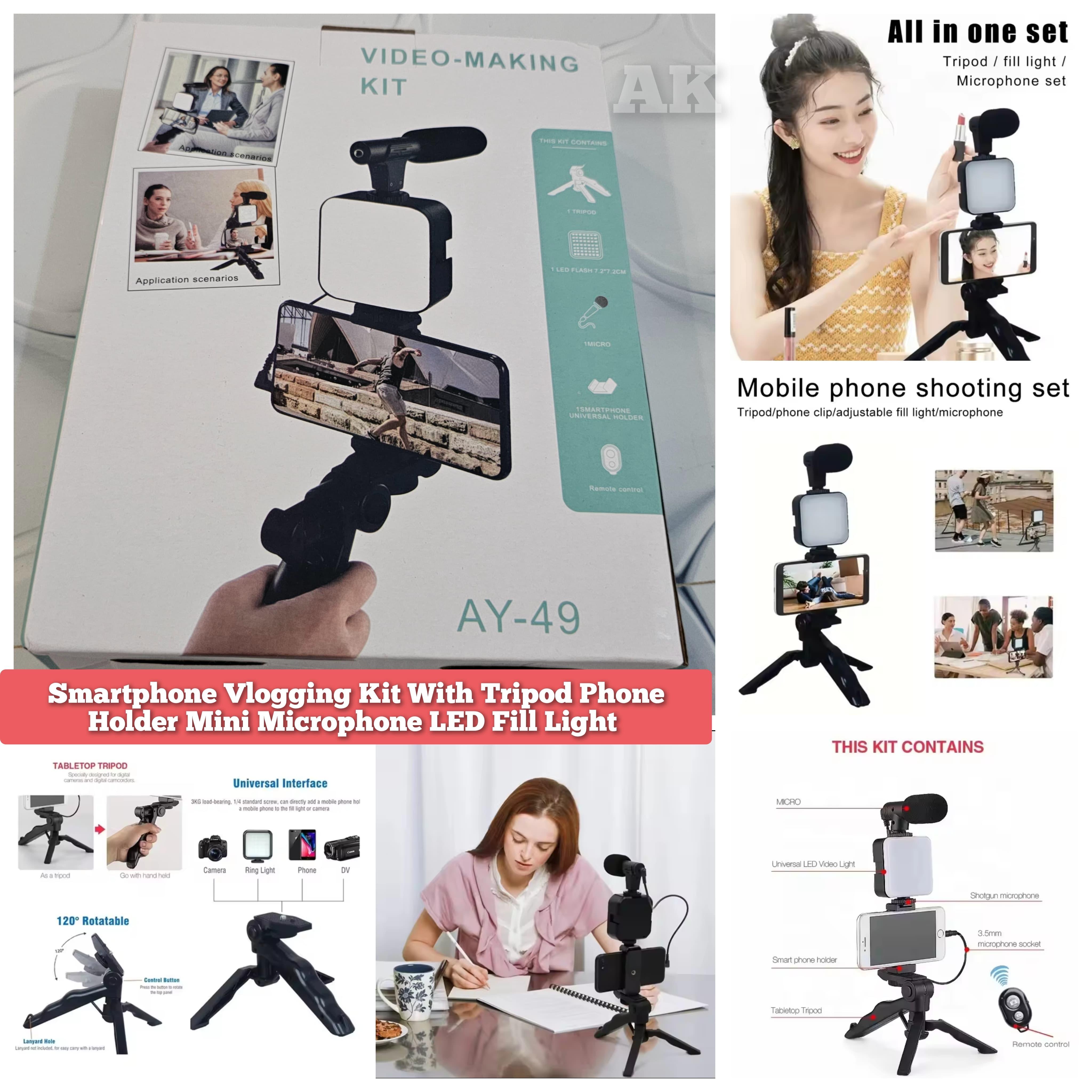 (MNR) Smartphone Vlogging Kit With Tripod Phone Holder Mini Microphone LED Fill Light