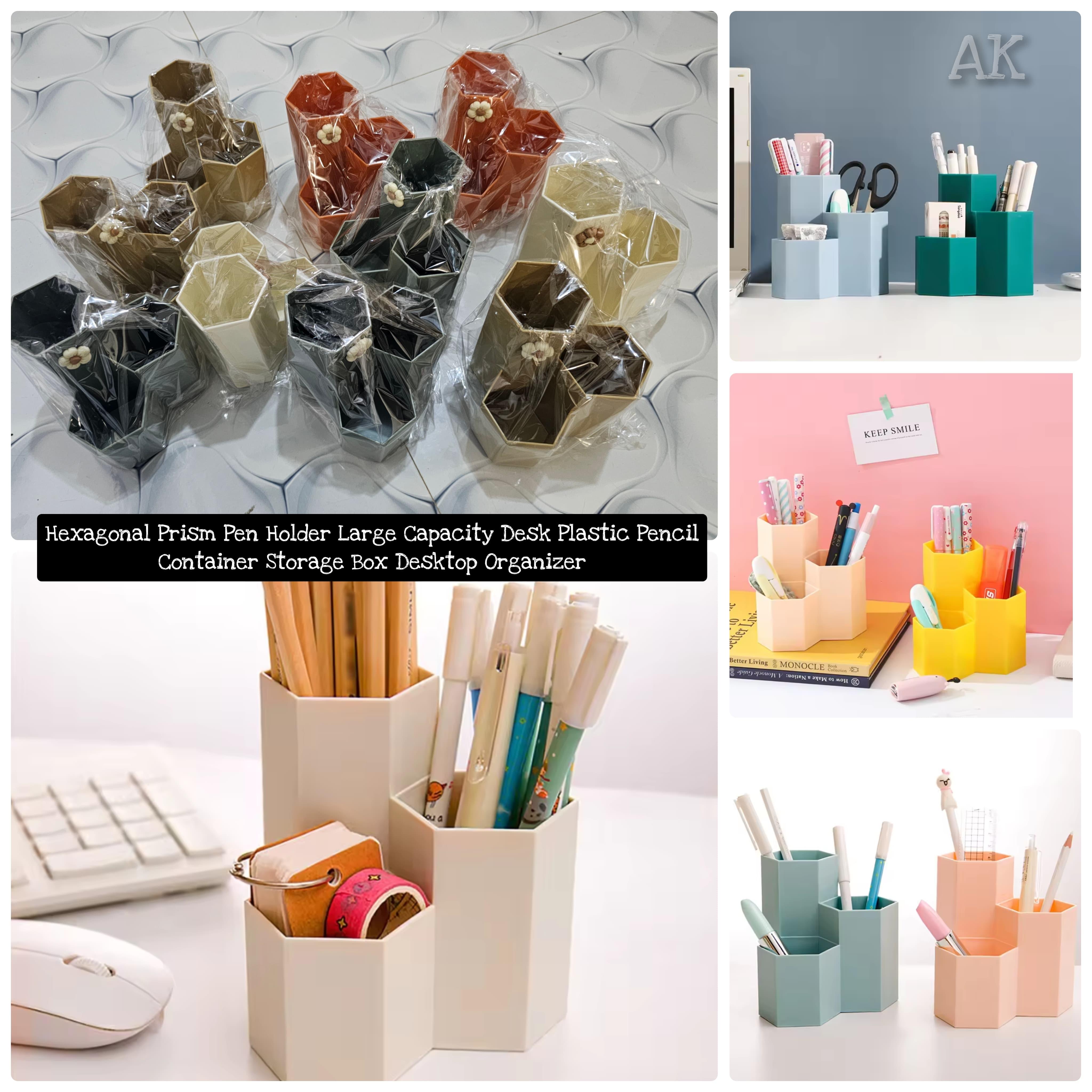 (MNR) Hexagonal Prism Pen Holder Large Capacity Desk Plastic Pencil Container Storage Box Desktop Organizer