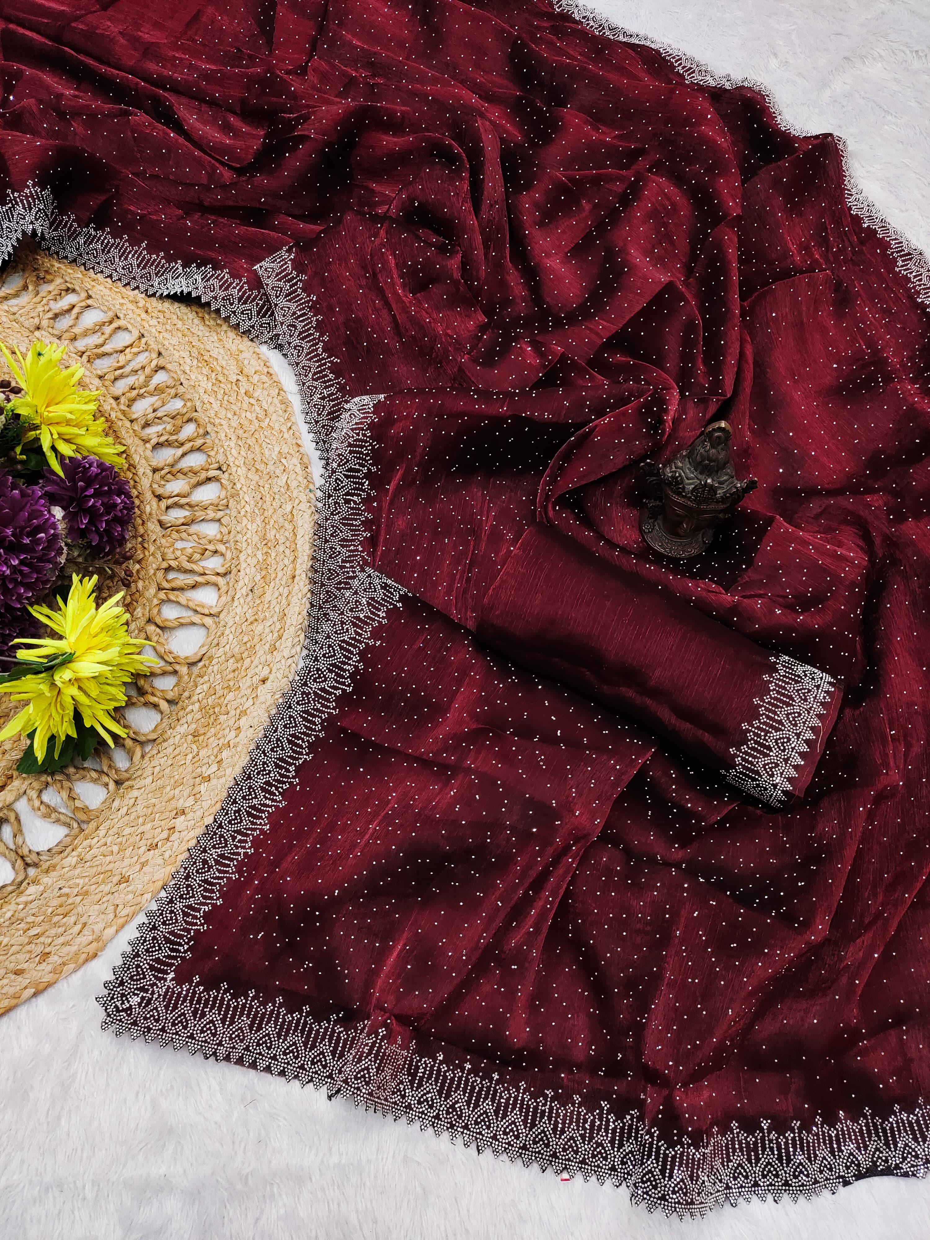 New designe in trending designer saree collection *👇 PRODUCT DETAILS 👇* 57k *SAREE FAB. :* FENDY chiffon Fabric *WORK :* Original Swarovski Diamond work in saree *BLOUSE*- Beautiful Diamond work in running Fabric